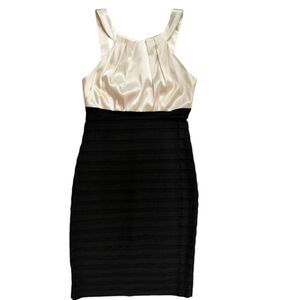 XSCAPE by Johanna Char cream and black bodycon dress